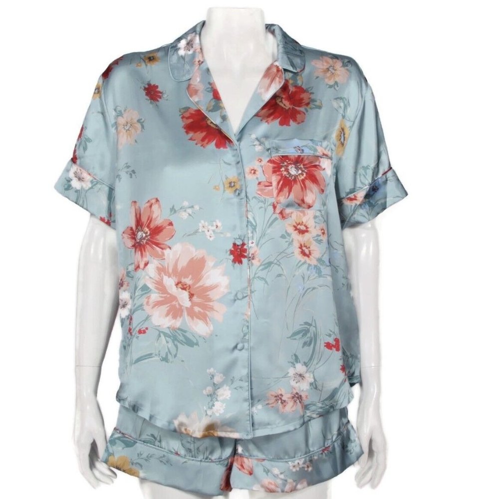 DB STUDIOSolid Satin Short Sleeve Blue Floral Pajama Shorts Set Medium NWT /621